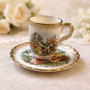 Vintage Demitasse Cup Saucer Courting Scene Gold Gilt California Porcelain